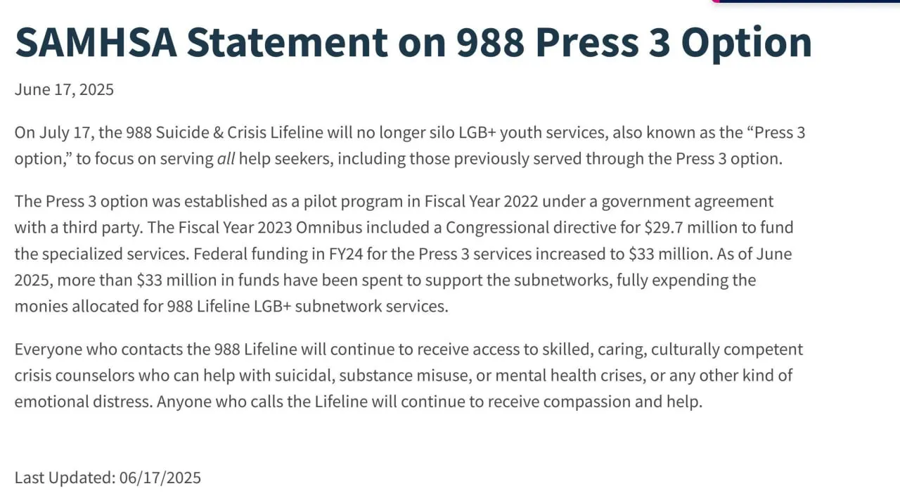 Chính quyền Trump đóng cửa hotline tư vấn khủng hoảng cho thanh thiếu niên LGBTQ+ 