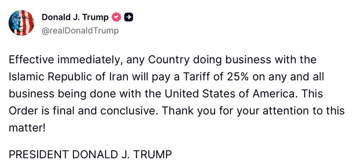 Hoa Kỳ &aacute;p thuế 25% l&ecirc;n c&aacute;c đối t&aacute;c thương mại của Iran 